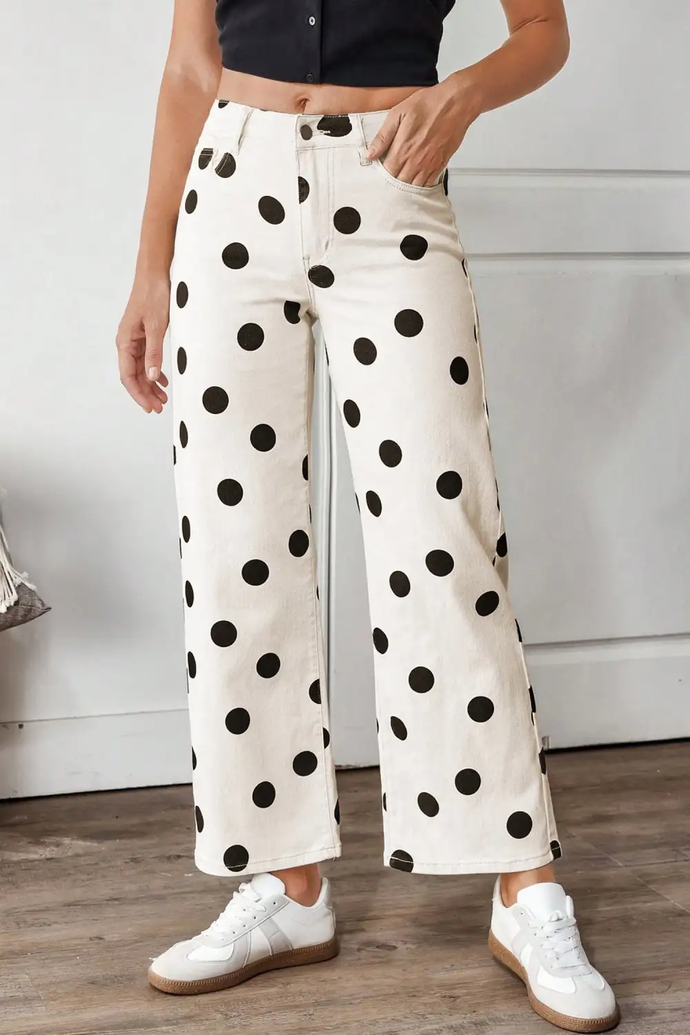 Polka Dot Print Wide Leg Ankle Length Jeans