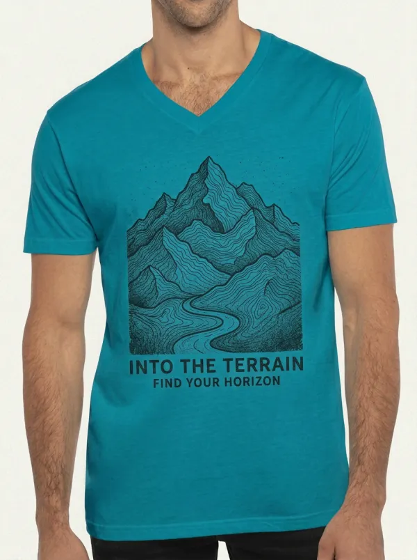 Men's Outdoor Adventure Mountain Landscape Printed V-Neck T-Shirt