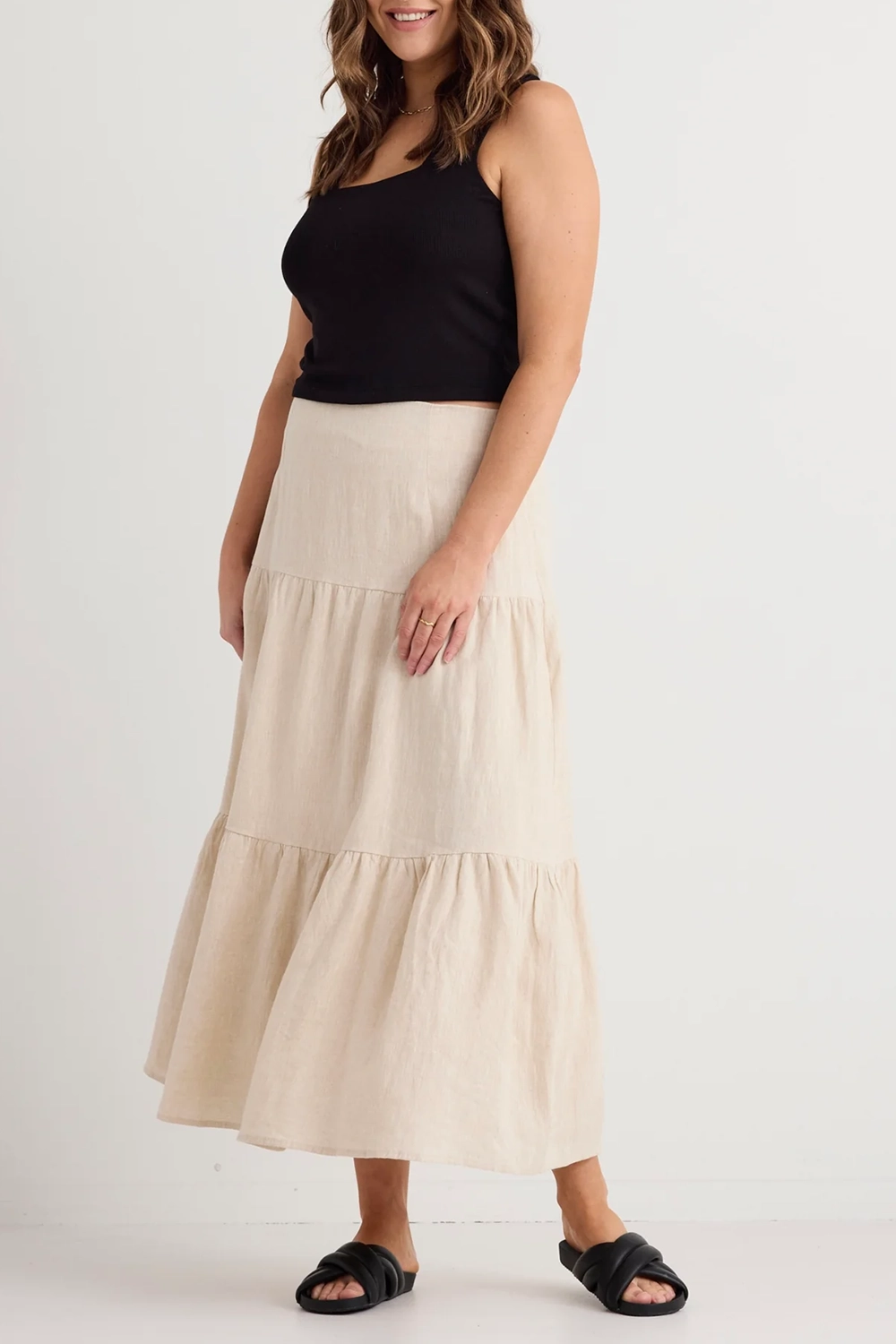 Sand Tiered Linen Midi Skirt