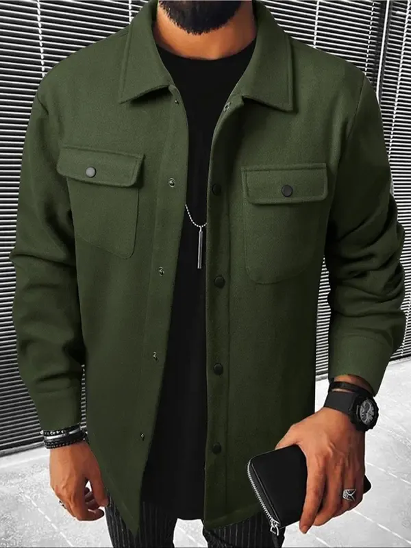 🔥Last Day 49% Offer-Men's Plain Long Sleeve Jacket, Regular Fit Casual Classic Button Front Flap Pocket Collared Outerwear for Fall & Winter, Going Out Outfit