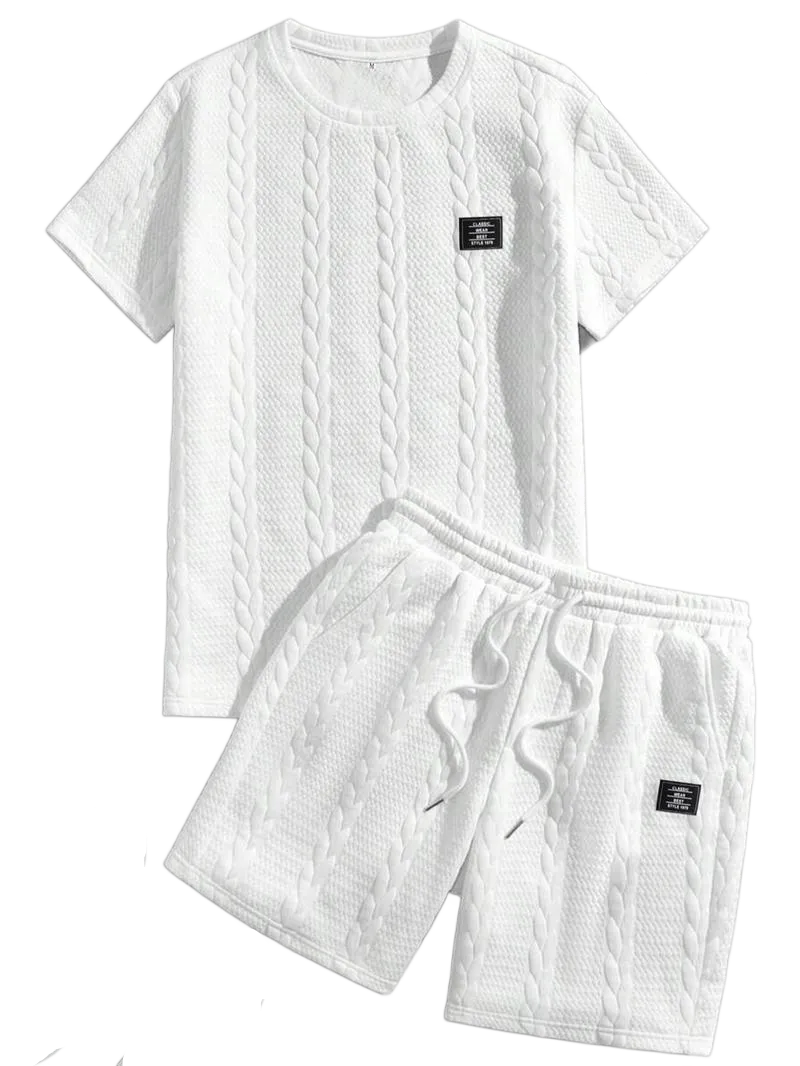 Men's Solid Textured Patched Tee & Drawstring Waist Shorts Set