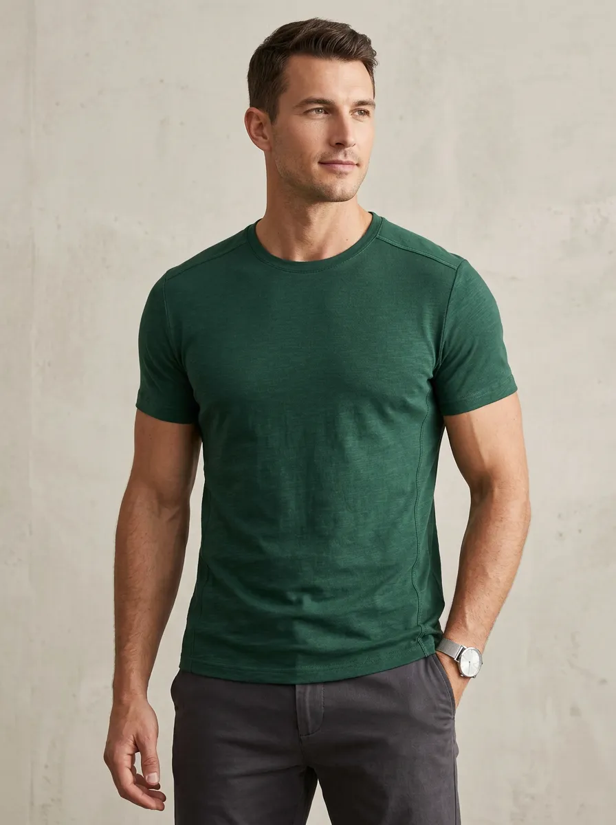 Minimal Ribbed Textured Crew Neck Detail Men's Slim Fit Short Sleeve T-Shirt