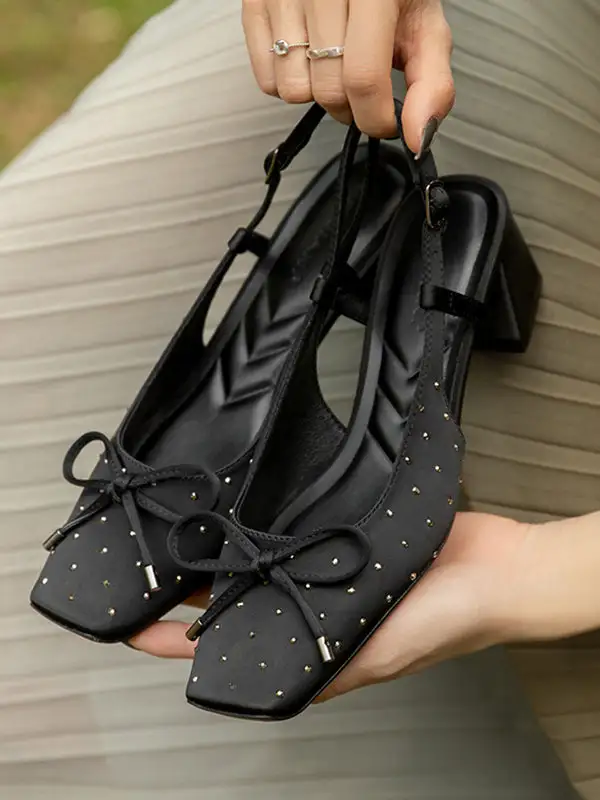 Buckle Rhinestone Panel Detail Square-Toe Slingback Heeled Sandals