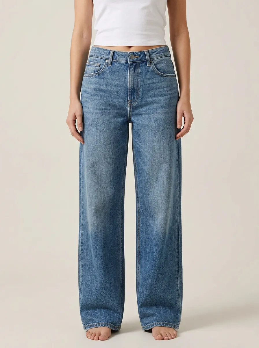 Women's Relaxed Faded Wide-Leg Denim Jeans