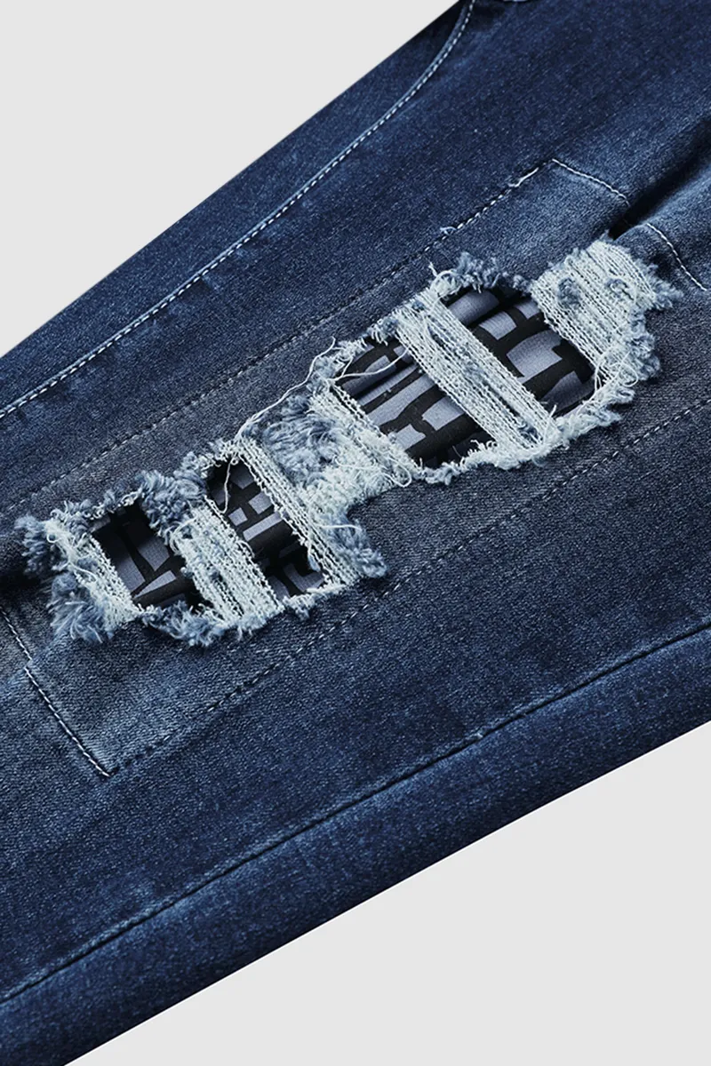 Vintage Stripe Print Ripped Mid Waist Jeans