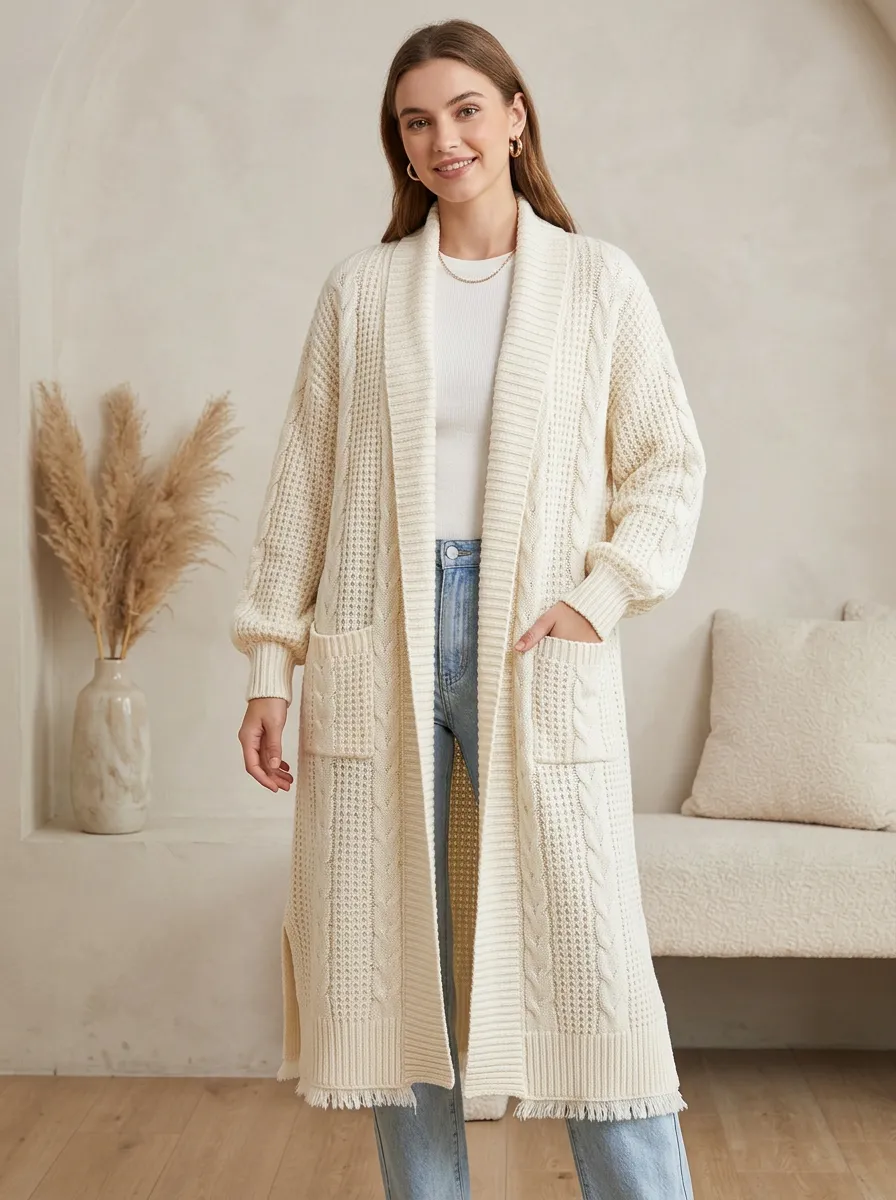 Women's Casual Open Front Cable Knit Long Cardigan