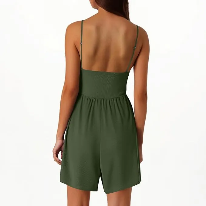 Women's Solid-Color Knit Backless Wrap-Style Slim-Fit Camisole Romper
