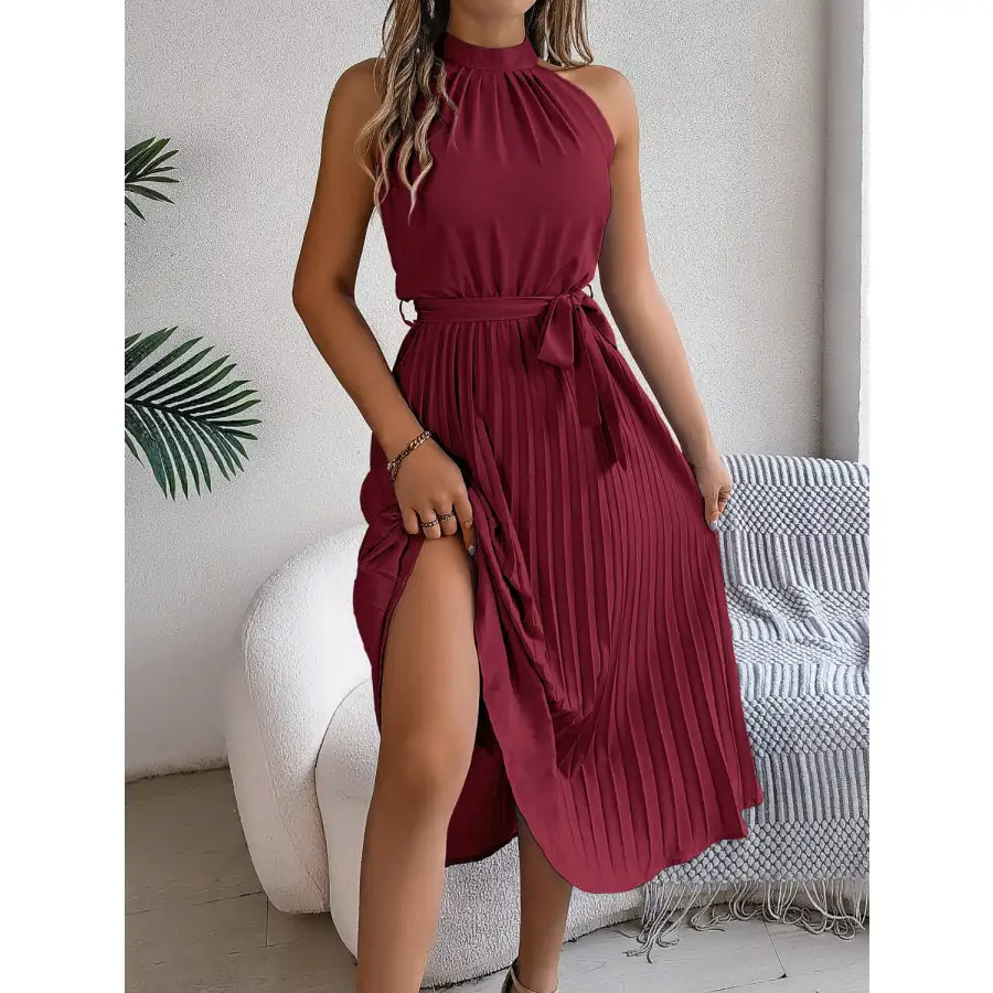 Pleated Tie Waist Sleeveless Midi Dress