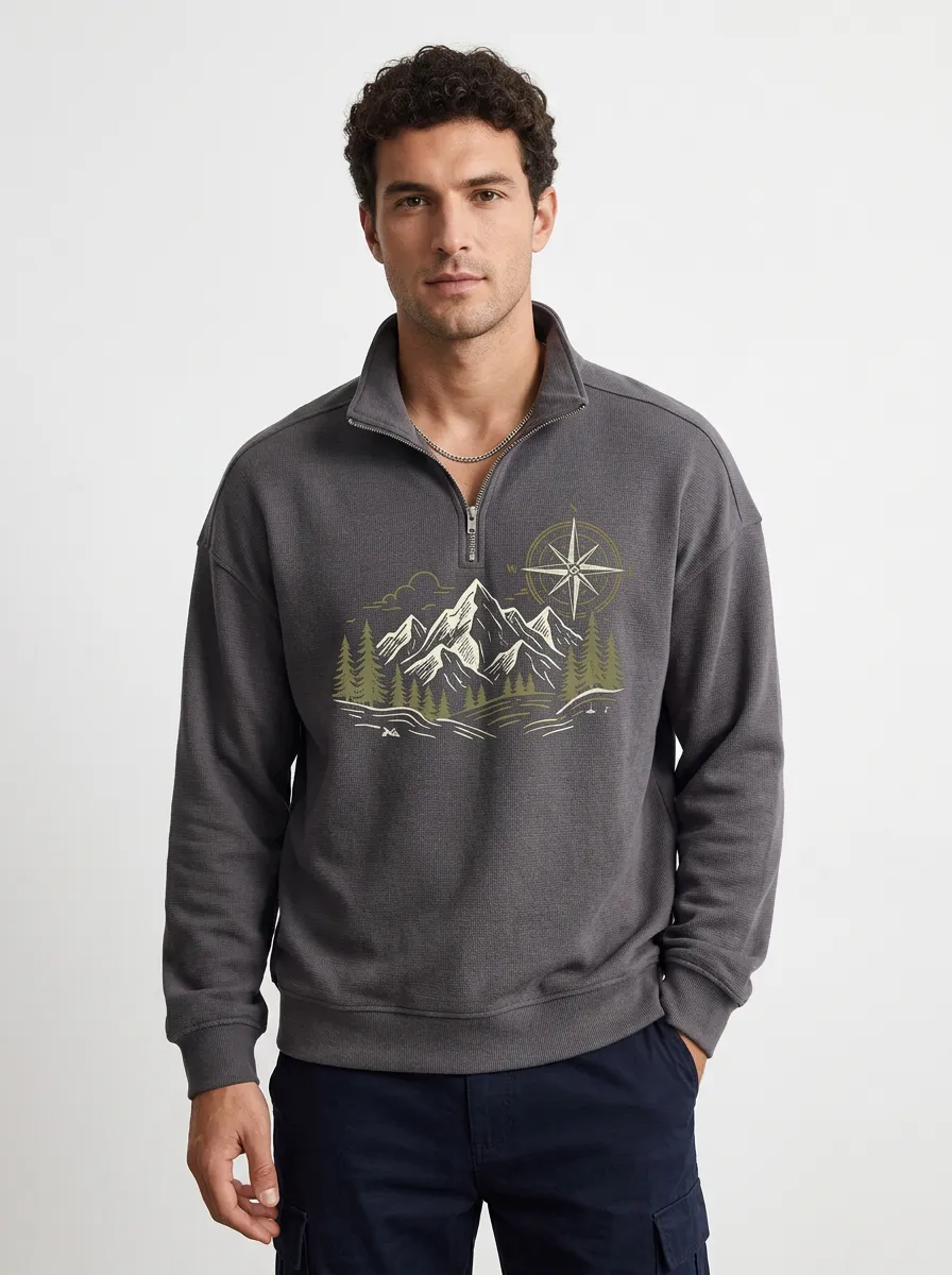 Men's Ridge Outdoor Mountain Compass Graphic Zip-Neck Sweatshirt