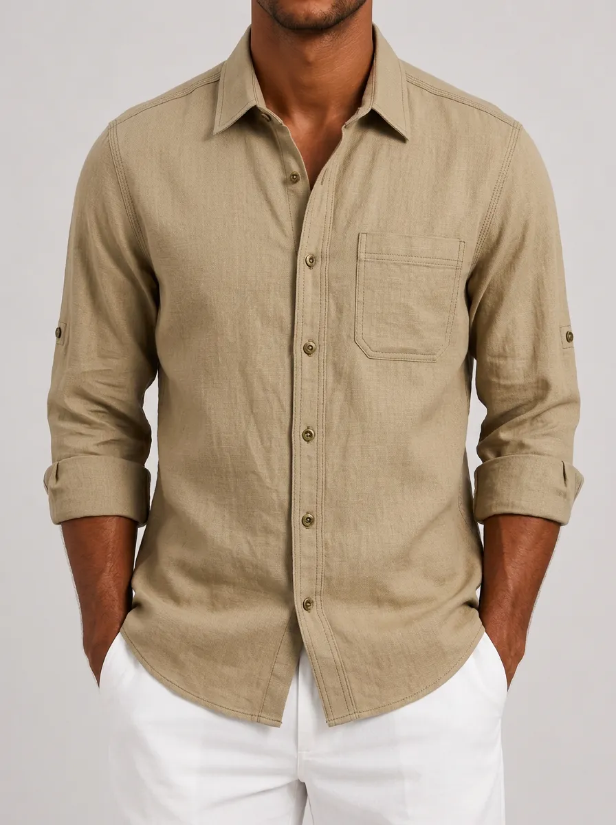 Men's Casual Khaki Linen Blend Roll-Up Sleeve Shirt