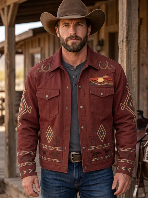 Men's Western Cowboy Horse Cactus Sunset Sun Jacket