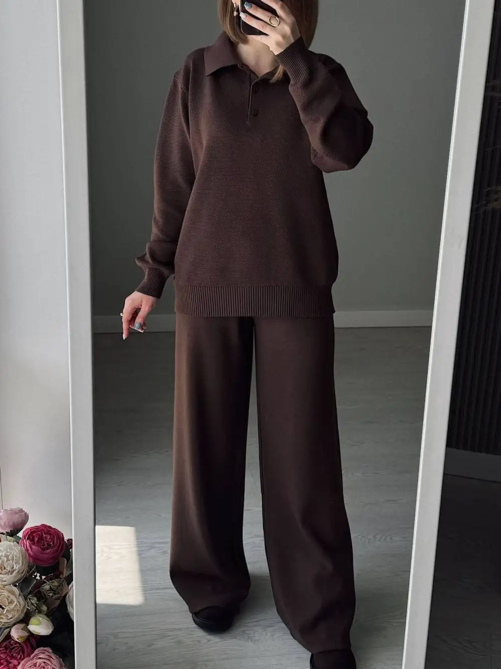 Polo Collar Top and Pants Or Skirt Knit Set
