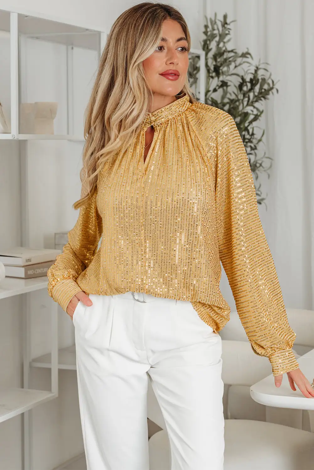 High Neck Button Front Blouse