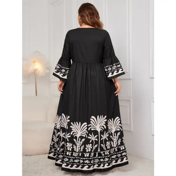 Plus Size Printed V Neck Long Sleeve Maxi Dress