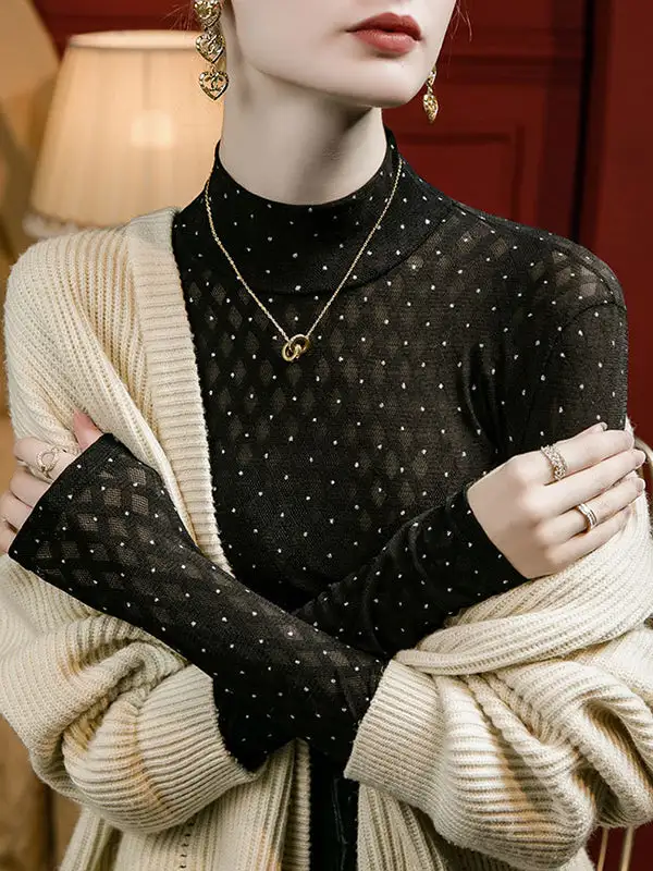 Long Sleeve Curve Fit Rhine Stones Sheer Panel Detail Mock Neck T-Shirt