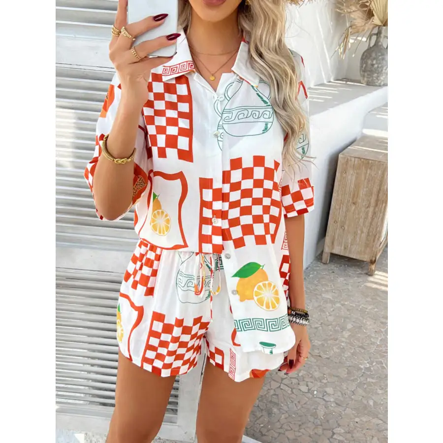 Printed Collared Neck Half Sleeve Top and Shorts Set