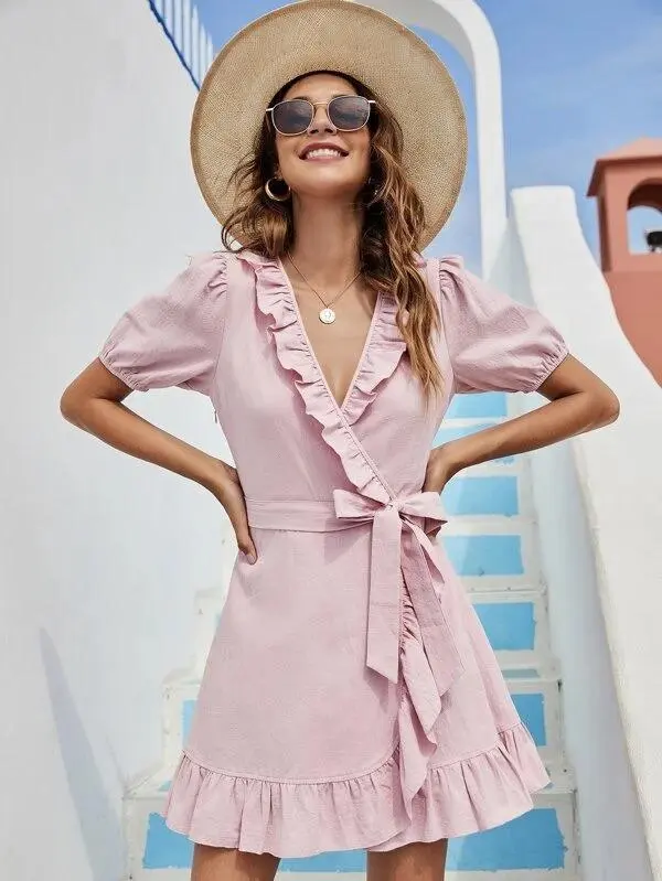 Women Ruffle Trim Wrap Belted Dress