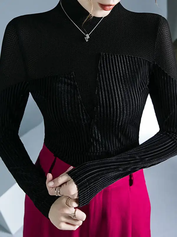 Long Sleeve Slim Fit Contrast Panel Detail High Neck T-Shirt