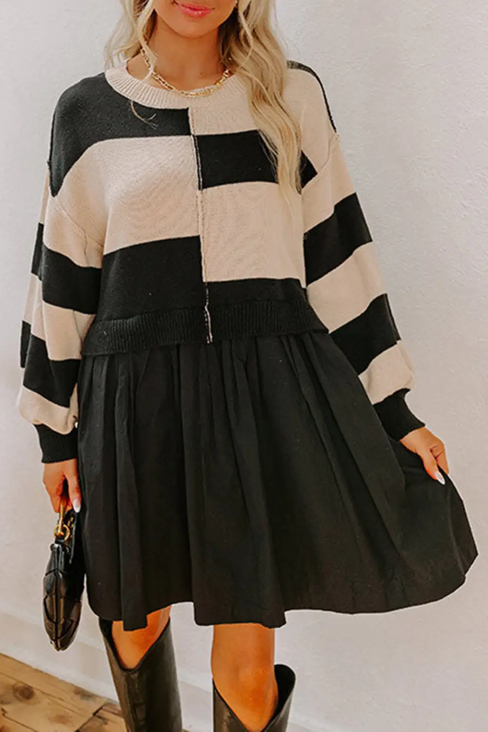 Striped Knit High Waist Sweater Dress