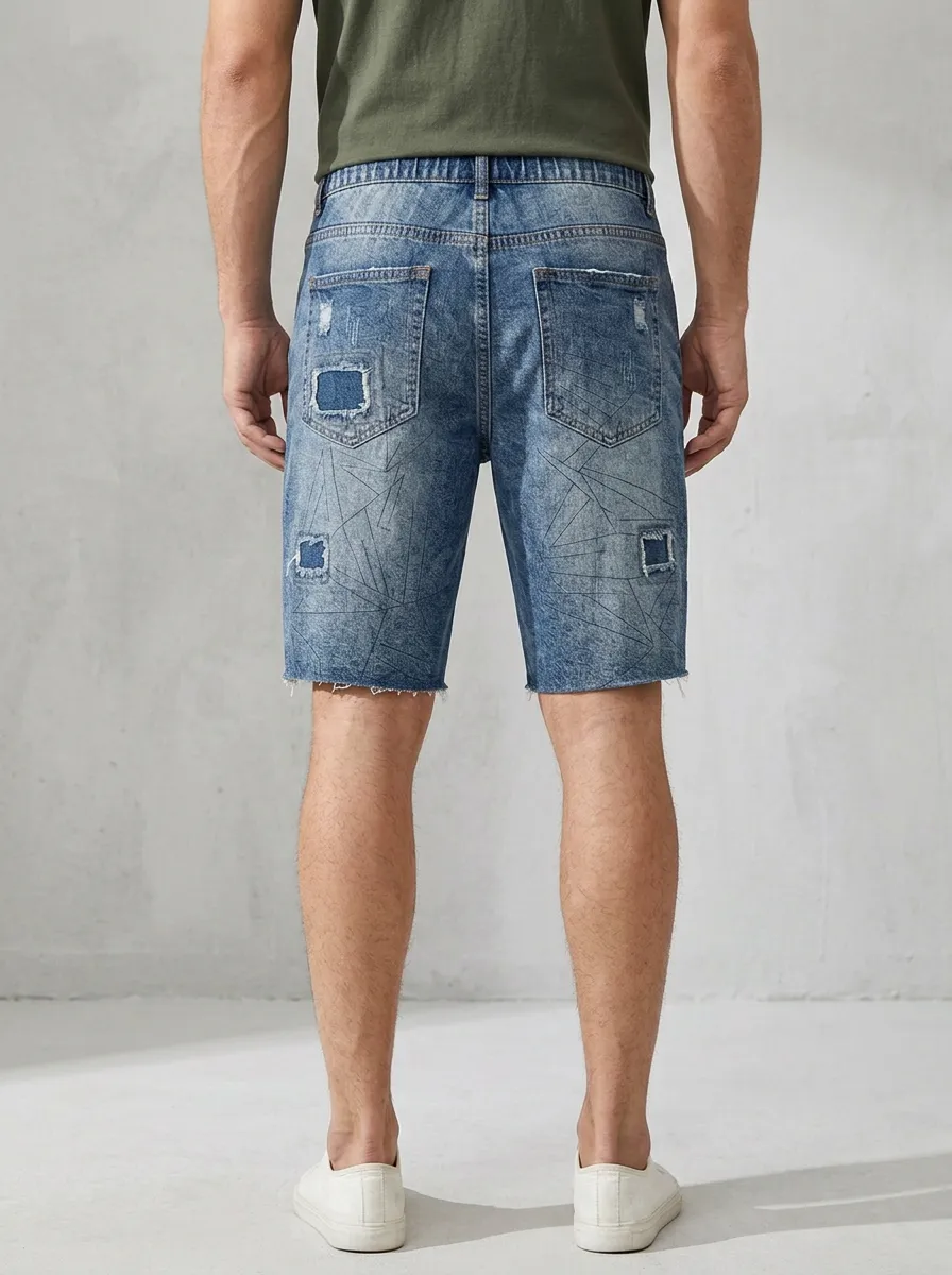 Storage-Ready Distressed Raw Hem Classic Look Men's Distressed Raw Hem Denim Shorts