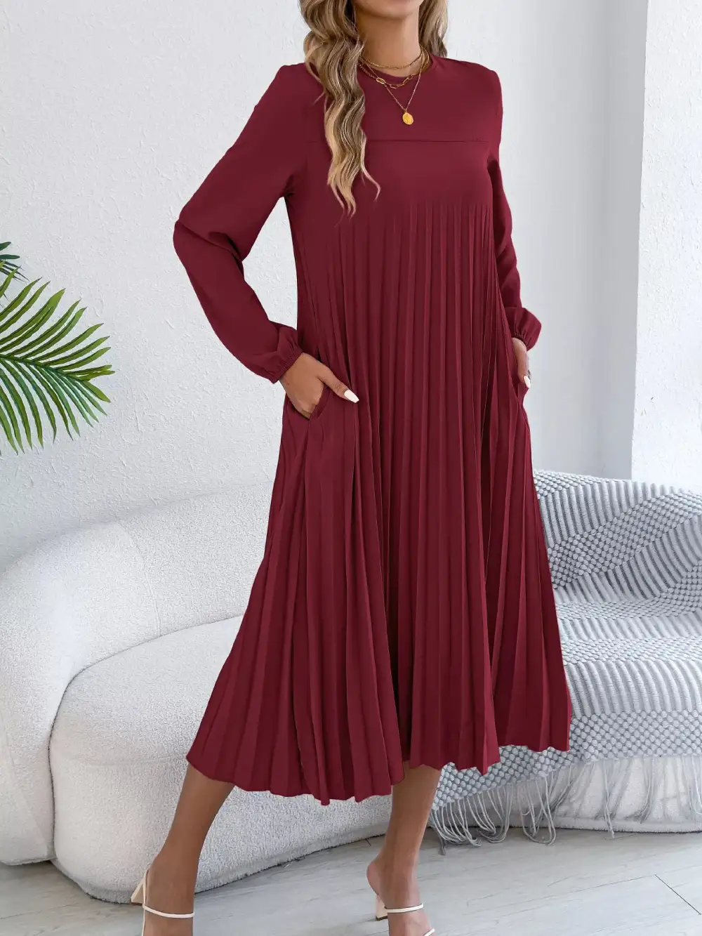 Pleated Pleated A-Line Midi Dress