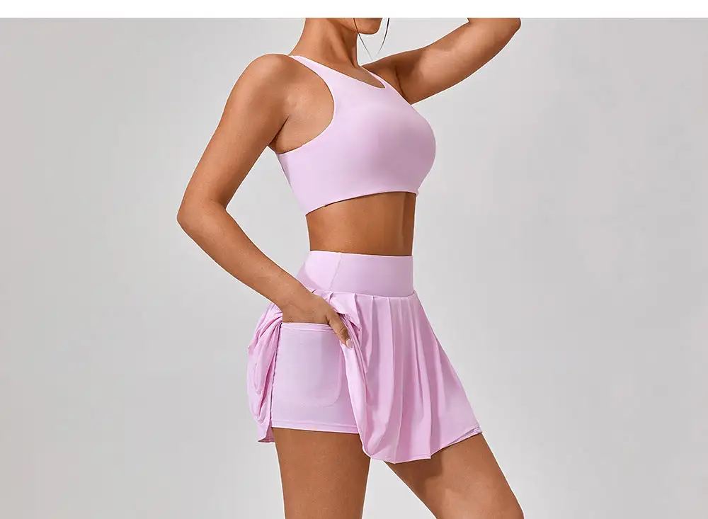 Backless Sleeveless Jacket, Bra and Skort Active Set