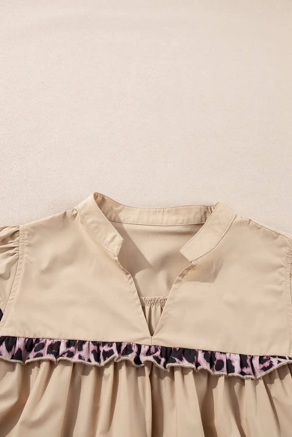 Smoke Gray Leopard Ruffles Trim Tiered Short Sleeve Blouse