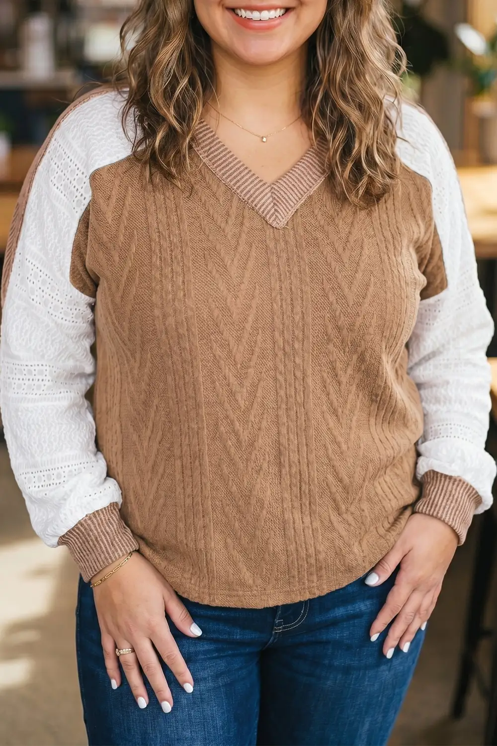 Color Block V Neck Ribbed Relaxed Stretch Fabric Long Sleeve Top
