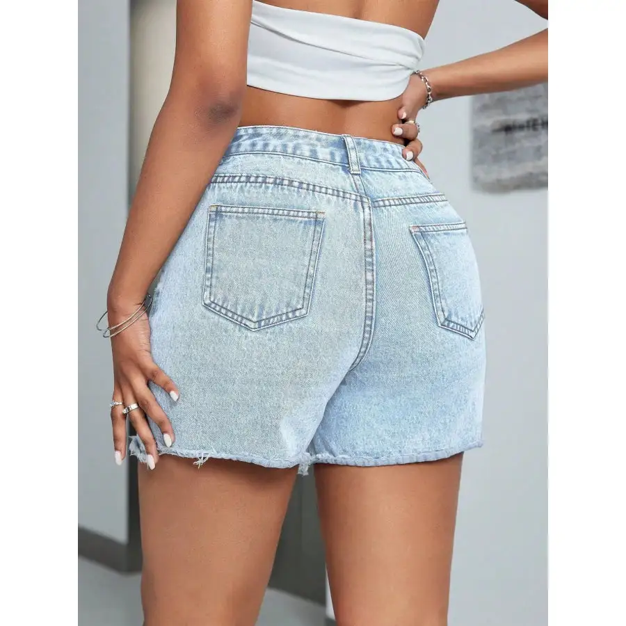 Casual Buttoned Raw Hem High Waist Pocketed Shorts