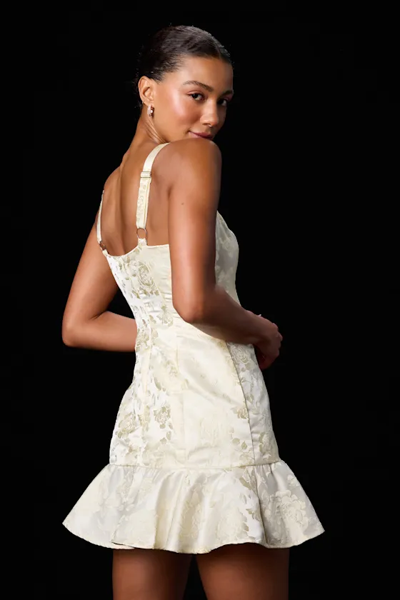 Jenner Pale Yellow Floral Jacquard Ruffled Mini Dress