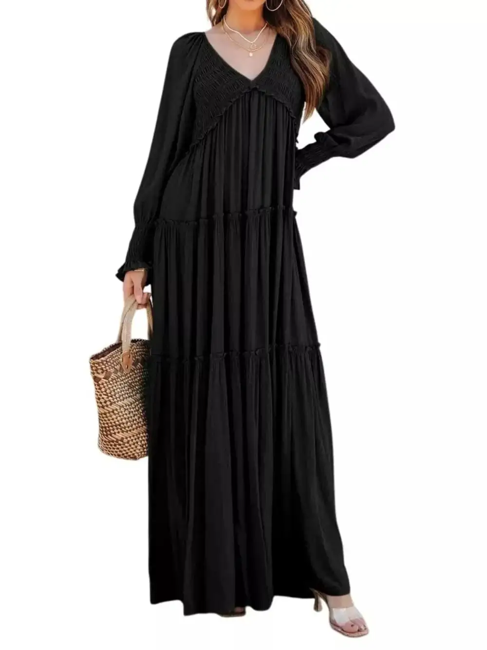 V Neck Tiered Long Sleeve Maxi Dress