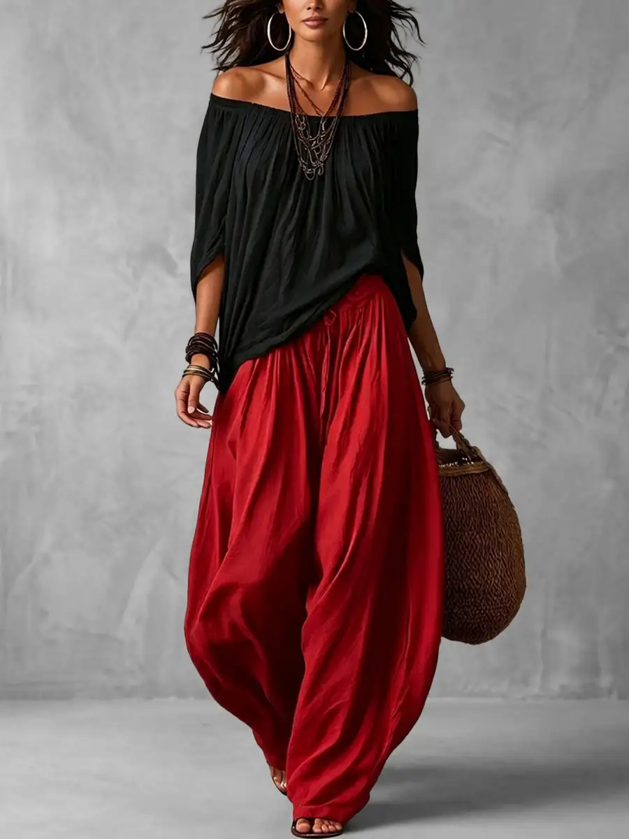 Pleated Off Shoulder Blouse And Pants Set