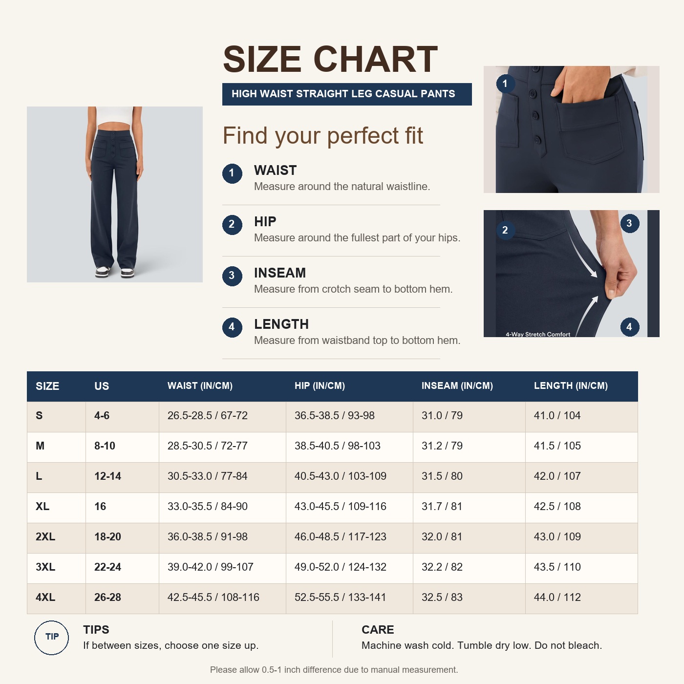 US size chart S to 4XL for high waisted straight leg pants