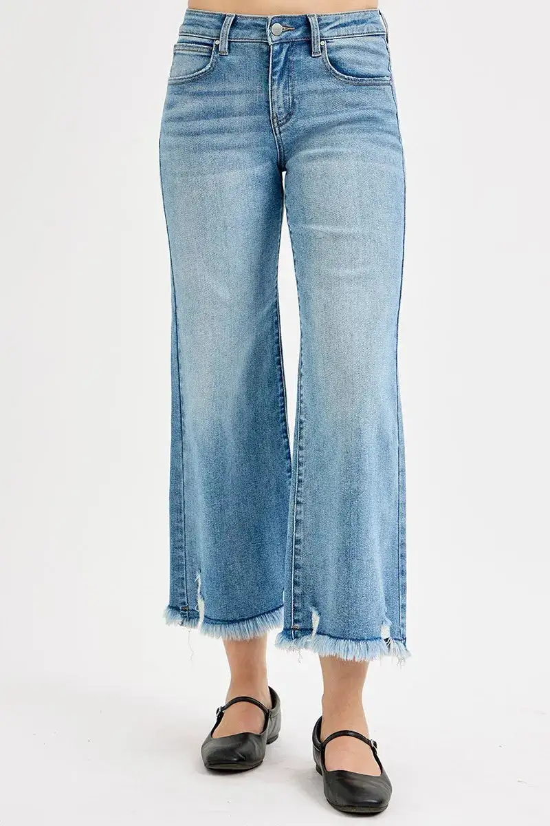 Mid Rise Raw Hem Frayed Hem Wide Leg Jeans