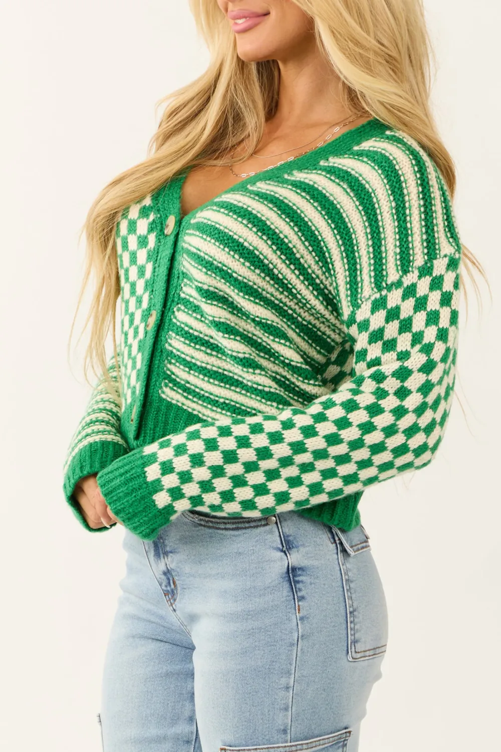 Jade and Cream Checkered and Stripe Print Cardigan