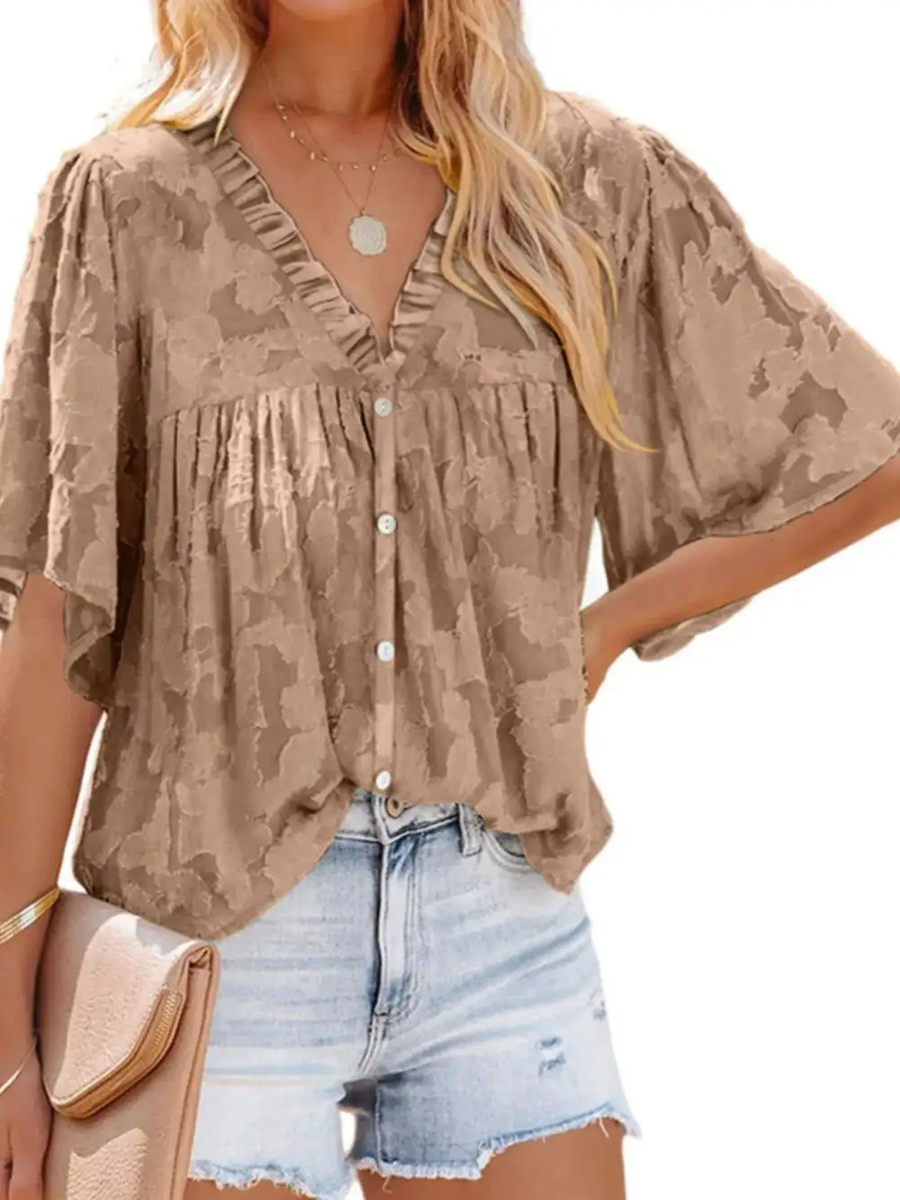 Textured V Neck Button Down Shirt Plus