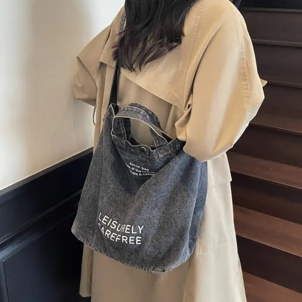 Large Capacity Vintage Casual Washed Denim Bag Letter Print