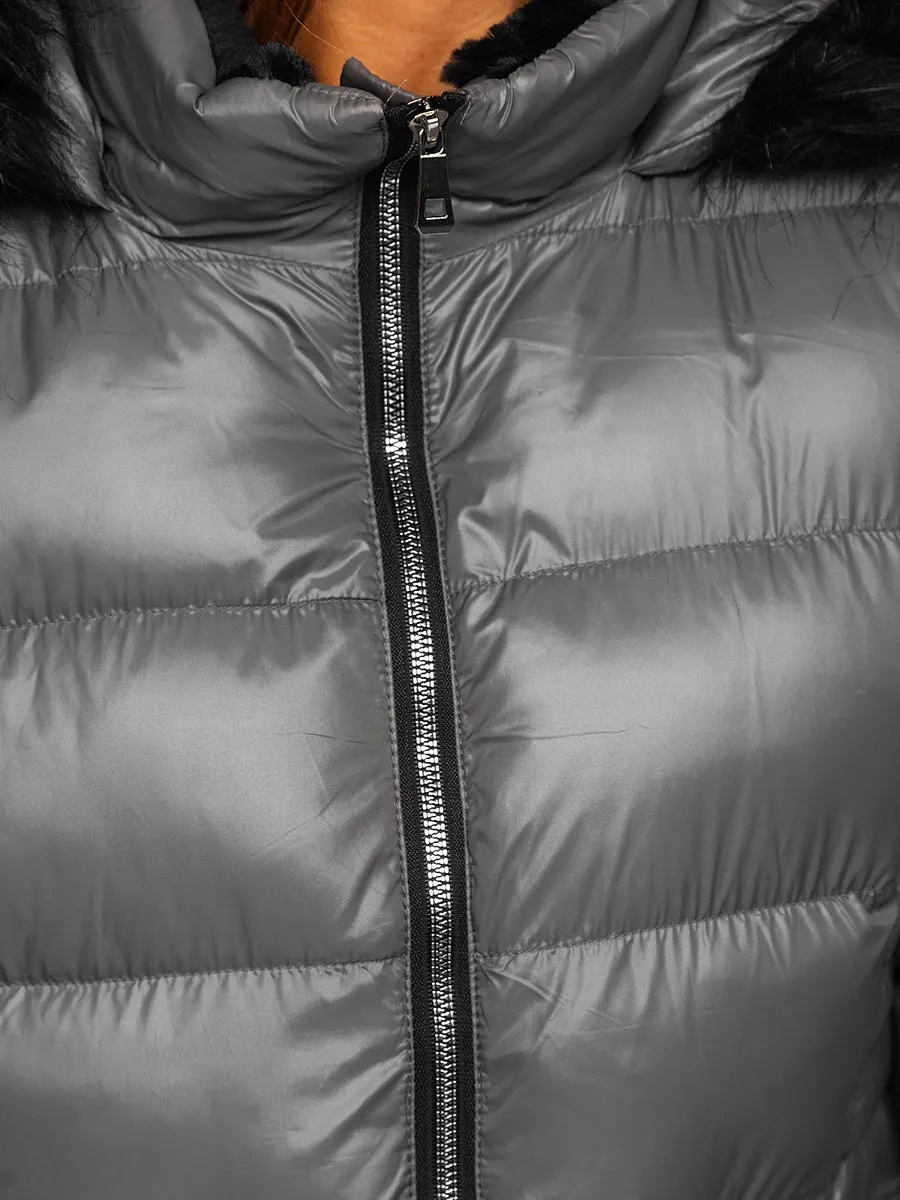 women's gray quilted winter jacket with hood