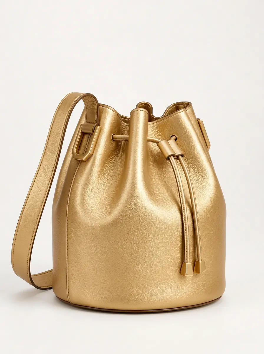 Women's Practical Style Gold Tone Bucket Handbag with Metallic Gold Finish