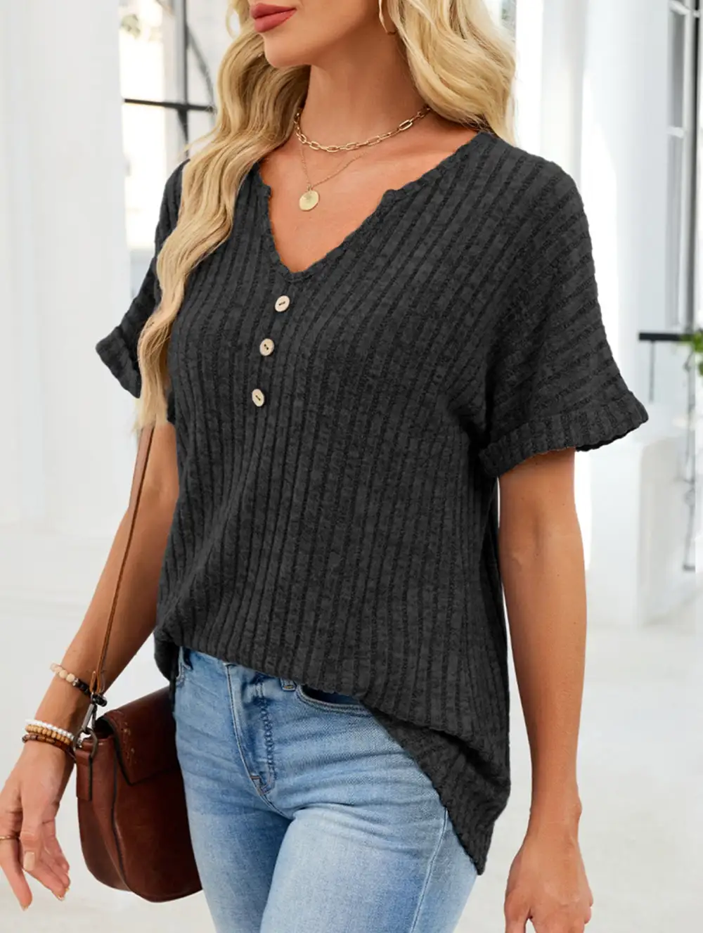 V Neck Button Front Loose Ribbed Tee
