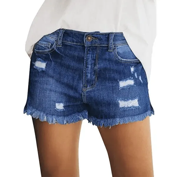 Women's Casual Mid Rise Denim Shorts Stretch Ripped Raw Hem Jean Shorts