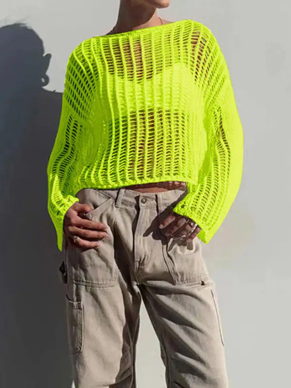 Openwork Sheer Detail Cover Up Round Neck Long Sleeve Pullover Sweater