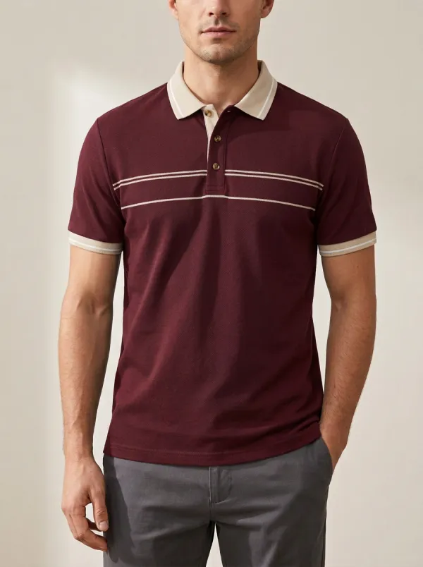 Men's Knit Ribbed Textured Striped Polo Shirt