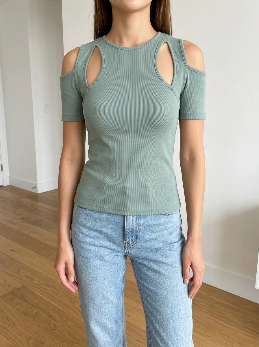 Women's Sage Green Cutout Shoulder Ribbed Knit Top