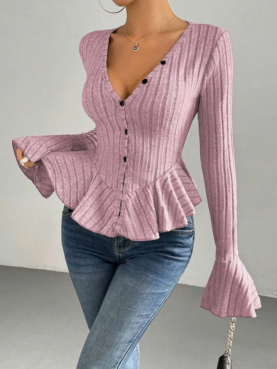 Flared Sleeve Long Sleeve Button Detail Ruffle Panel Detail Deep V-Neck T-Shirt