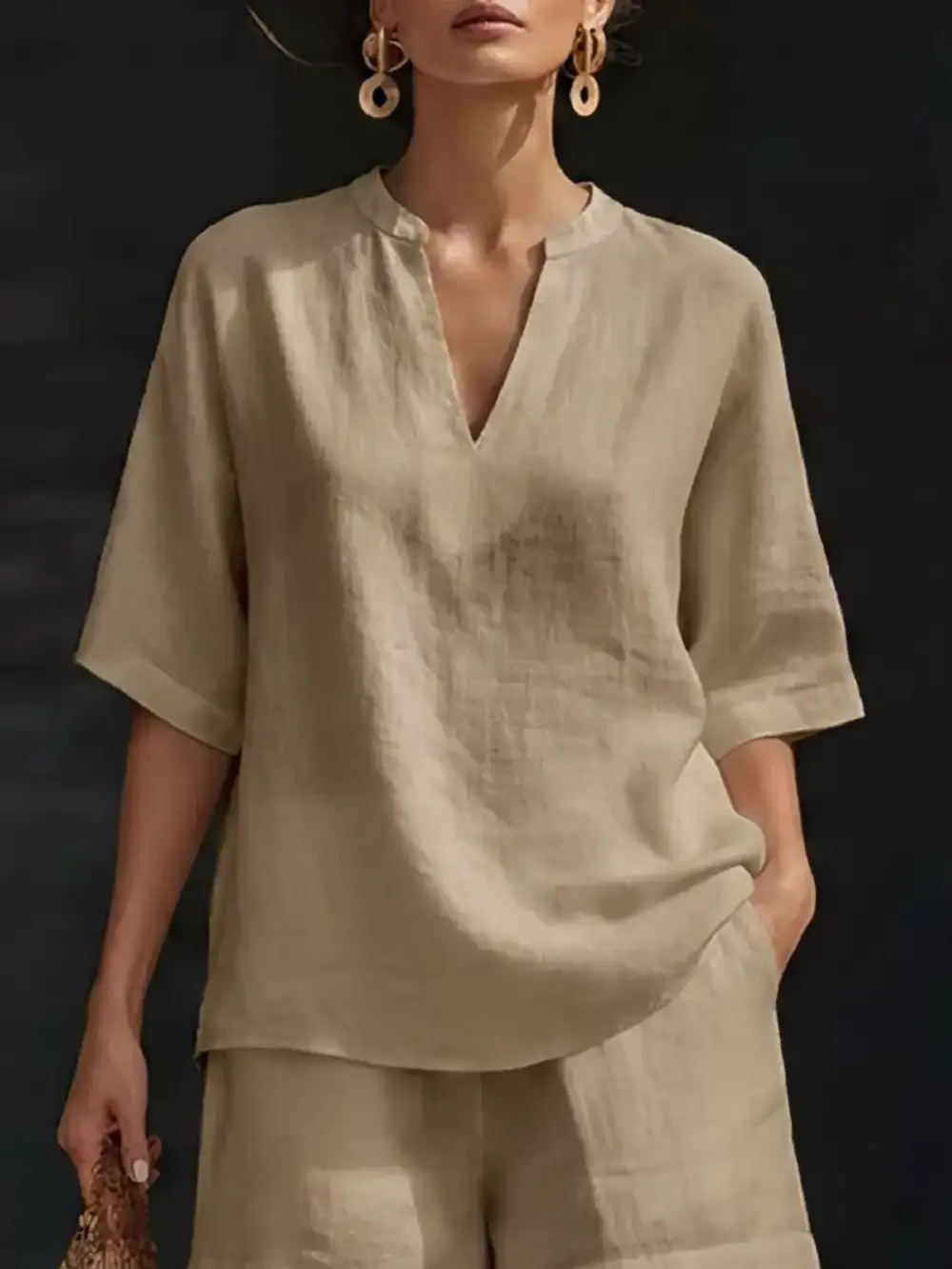 Notched Half Sleeve Top and Shorts Set