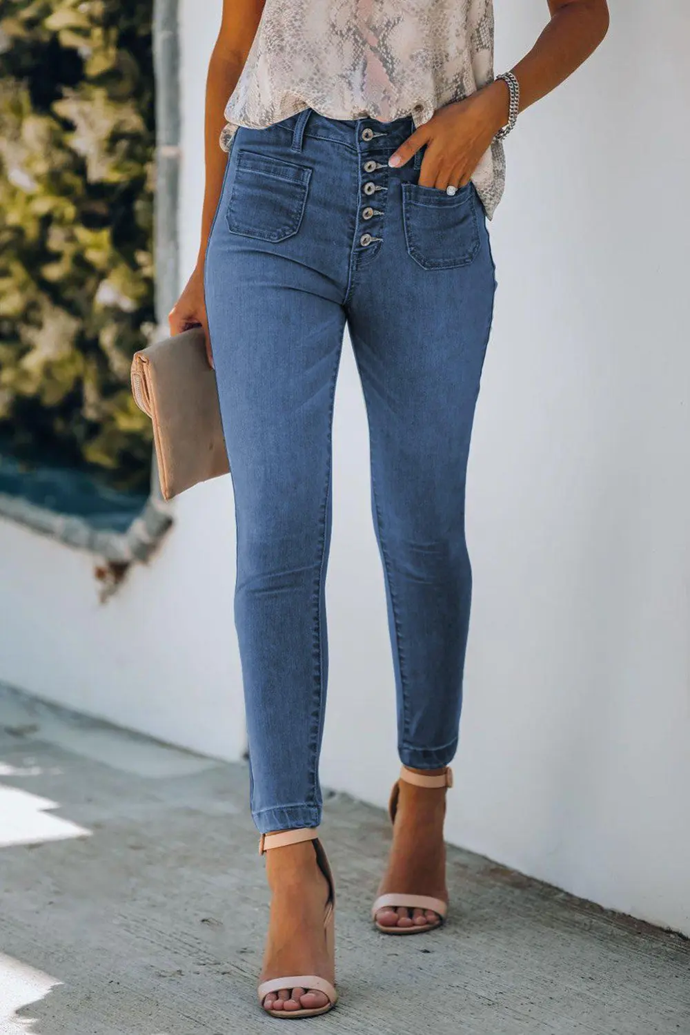 Skinny Button Denim Jeans