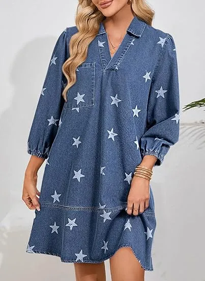 Women Fashion Fall Casual Babydoll 2025 V Neck 3/4 Puff Sleeve Jean Dresses