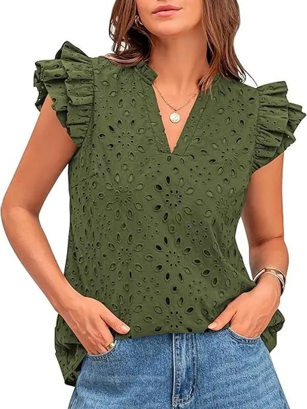 Women Summer Eyelet Tops Dressy Casual V-Neck Ruffle Cap Sleeve Cotton Boho Shirts