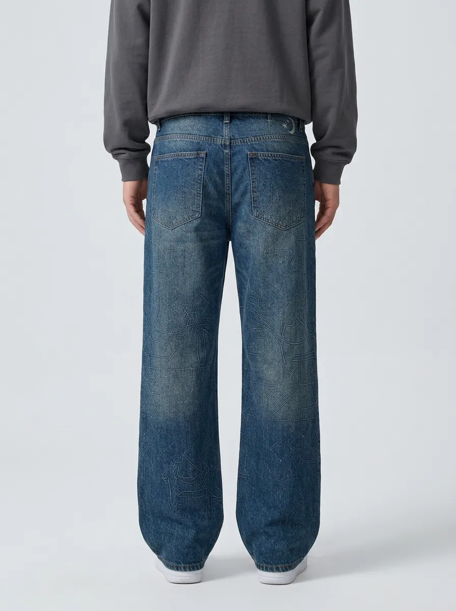 Wide Leg Embroidered Detail Celestial Graphic Star Graphic Men's Loose Fit Jeans